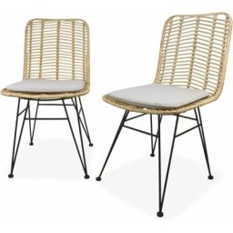 Deux chaises en rotin naturel et métal, coussins beiges - Cahya - Naturel