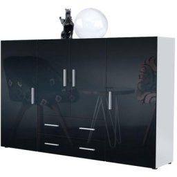 Vladon - Buffet haut Commode Nora blanc mat en Décor Naturel - Haute brillance - Façades en Noir