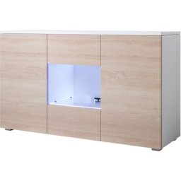 Buffet de salon bas 3 portes 2 étagères vitrine avec LED 120 x 72 x 40 cm Couleur Blanc Finition