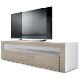 Vladon Armoire basse Meuble TV Valencia en Blanc mat - haute brillance & tons naturels - Chêne brut