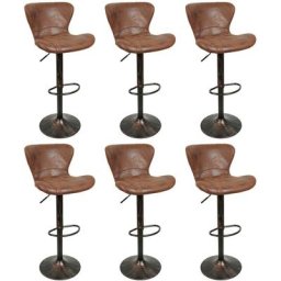 Lot de 6 Tabouret de Bar Vintage, Chaise de Cuisine, Assise Rembourrée en Similicuir de Haute