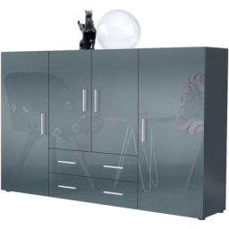 Buffet haut Commode Nora Anthracite mat en Décor Naturel - Haute brillance - Portes en Gris laqué