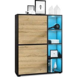 Buffet haut Armoire Cabinet Commode Cuba Noir mat - haute brillance - Portes en Chêne Nature avec
