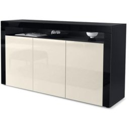Buffet Commode Dressoir Crédence Valencia Noir, haute brillance & tons naturels - Crème haute