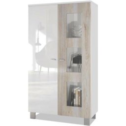 Vitrine Armoire haute Commode Denjo en Blanc mat - haute brillance - Porte en Chêne Nordique sans