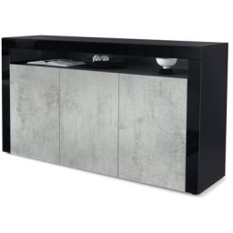 Buffet Commode Dressoir Crédence Valencia Noir, haute brillance & tons naturels - Aspect Béton