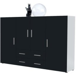Vladon - Buffet haut Commode Nora blanc mat en Décor Naturel - Haute brillance - Façades en Noir