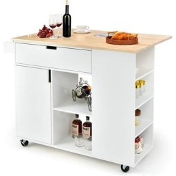 Costway - Ilot Central Cuisine Comptoir en Bois de Caoutchouc Pliable, Desserte à Roulettes