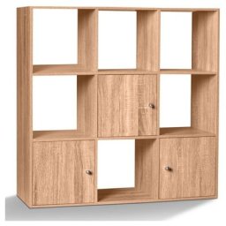 Meuble de rangement cube RUDY 9 cases bois façon hêtre avec 3 portes - Naturel