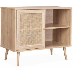 Meuble de rangement en cannage 80x39x65.8cm Bohème - Naturel - 2 niveaux - 1 porte - pieds