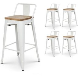 Kosmi - Lot de 4 tabourets en métal blanc mat style industriel avec dossier et assise en bois clair