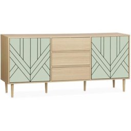 Buffet de rangement décor bois et vert d'eau - Mika - 2 niveaux. 2 portes. 3 tiroirs. L 160 x l 40