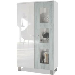 Vitrine Armoire haute Commode Denjo en Blanc mat - haute brillance - Porte en Aspect Béton Oxyde