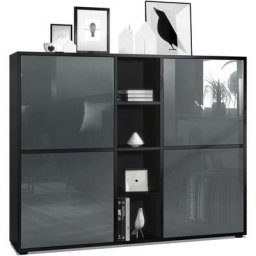 Buffet haut Armoire Cabinet Commode Cuba V3 Noir mat - haute brillance - Portes en Gris laqué haute