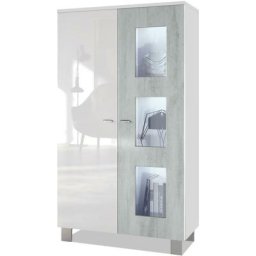 Vitrine Armoire haute Commode Denjo en Blanc mat - haute brillance - Porte en Aspect Béton Oxyde