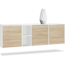 Vladon Buffet Commode Dressoir Crédence LED Cuba Blanc mat - Haute brillance - Portes en Chêne brut