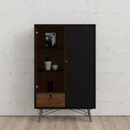 Vitrine salon 162 cm noir mat et noyer avec deux portes et un tiroir Noir et Noyer
