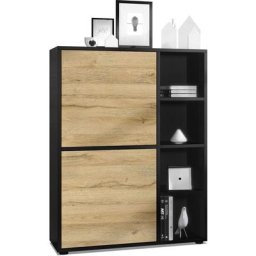 Buffet haut Armoire Cabinet Commode Cuba Noir mat - haute brillance - Portes en Chêne Nature sans