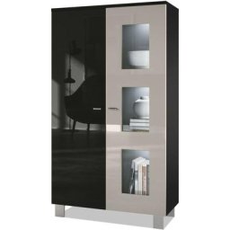 Vladon - Vitrine Armoire haute Commode Denjo en Noir mat - haute brillance - Porte en Gris sable