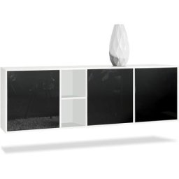 Buffet Commode Dressoir Crédence led Cuba Blanc mat - Haute brillance - Portes en Noir laqué haute