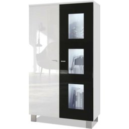 Vitrine Armoire haute Commode Denjo en Blanc mat - haute brillance - Porte en Noir haute brillance