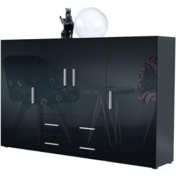Buffet haut Commode Nora Anthracite mat en Décor Naturel - Haute brillance - Portes en Noir laqué