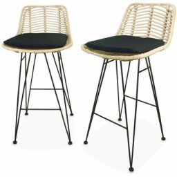 Deux tabourets de bar en rotin naturel et métal, coussins noirs - Cahya - Noir