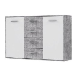 Buffet bas PILVI - 2 portes et 4 tiroirs - Blanc et béton clair - L 122,6 x P 34,2 x H 81,1 cm