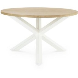 Table ronde Wabi Home avec pieds en bois blanc sur planche de bois naturel
