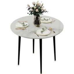 Table à Manger en Marbre - Table Salle à Manger Ronde Blanche Table Cuisine en Marbre et Métal