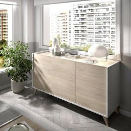 Buffet de salon 155 cm Abby Blanc mat et naturel avec trois portes Blanc et Naturel