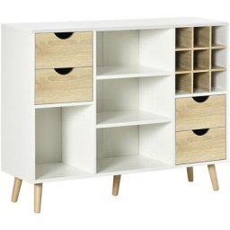 Buffet design scandinave 4 tiroirs 4 niches range bouteilles piètement bois de hêtre panneaux blanc