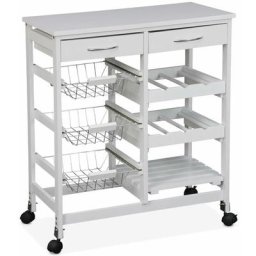 Desserte de cuisine blanche, chariot à roulettes - Charlotte - 2 tiroirs, 3 paniers, 2 étagères