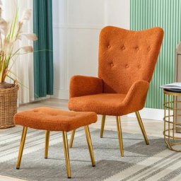 LBF - Fauteuil scandinave avec repose-pieds - Tissu peluche, dossier confortable, pieds en métal