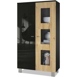 Vladon - Vitrine Armoire haute Commode Denjo en Noir mat - haute brillance - Porte en Chêne Nature