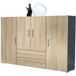 Vladon - Buffet haut Commode Nora Anthracite mat en Décor Naturel - Haute brillance - Portes en