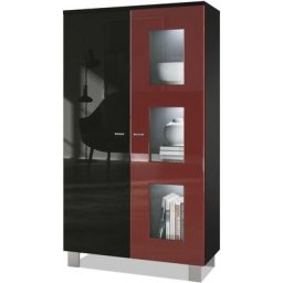 Vladon - Vitrine Armoire haute Commode Denjo en Noir mat - haute brillance - Porte en Bordeaux