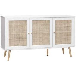 Alice's Garden - Buffet de rangement en cannage, blanc 120x39x70cm - Bohème - 2 niveaux, 3 portes,