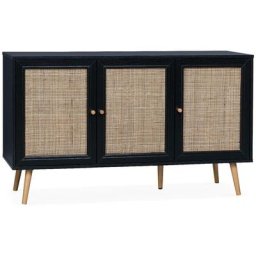 Alice's Garden - Buffet de rangement en cannage, noir 120x39x70cm - Bohème - 2 niveaux, 3 portes,