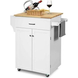 Desserte Îlot de Cuisine Roulant en Bois de Caoutchouc, Tiroir, 2 Portes, Support à Épices,