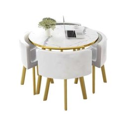 Table à Manger Ronde Et Chaises Encastrable Popup - Marbre Blanc Chaises Blanc, Bois mdf,