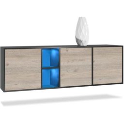 Buffet Commode Dressoir Crédence led Cuba Noir mat - Haute brillance - Portes en Chêne Nordique