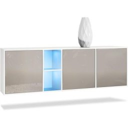 Buffet Commode Dressoir Crédence led Cuba Blanc mat - Haute brillance - Portes en Gris sable laqué