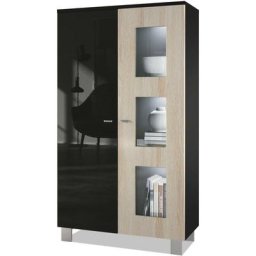 Vladon Vitrine Armoire haute Commode Denjo en Noir mat - haute brillance - Porte en Chêne brut avec