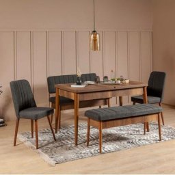 Set table extensible, 2 chaises, banc et banquette Malva Bois foncé et Tissu Anthracite - Anthracite