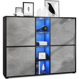 Buffet haut Armoire Cabinet Commode Cuba V3 Noir mat - haute brillance - Portes en Metal rêche avec
