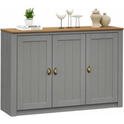 Buffet bolton 3 portes, bahut 5 étagères au style classique, vaisselier en pin massif gris et brun