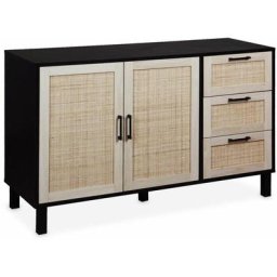 Alice's Garden - Buffet noir et cannage 120 x 40 x 75cm - Bianca - 3 tiroirs, 2 portes, 2 niveaux,