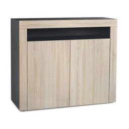 Vladon - Commode Armoire Dressoir Crédence Valencia Noir, haute brillance & tons naturels - Chêne