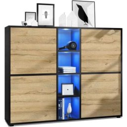 Buffet haut Armoire Cabinet Commode Cuba V3 Noir mat - haute brillance - Portes en Chêne Nature